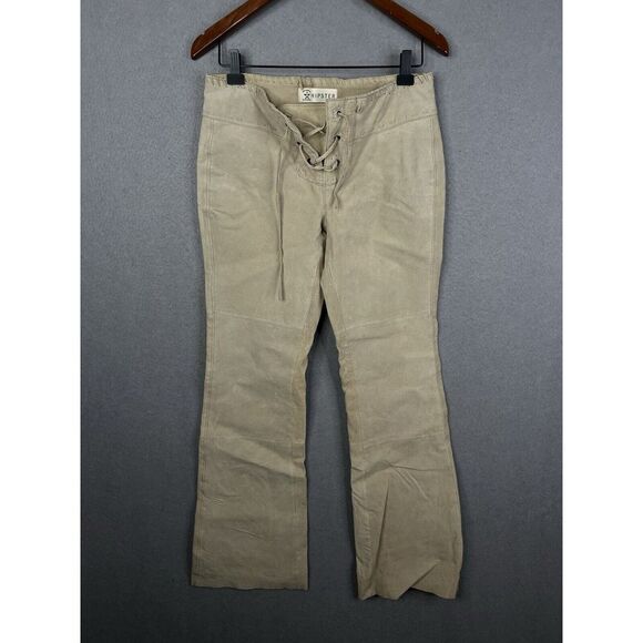 Vintage Y2K Hipster Lace Up Front Leather Pants Size 5 Cream Tan‎ Boot Cut - Picture 1 of 14